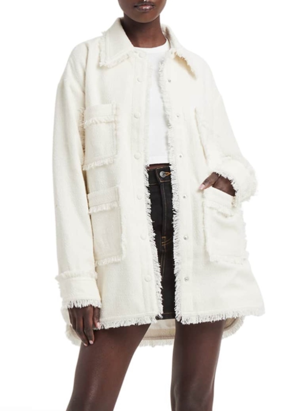Apparis Fringe Callie Tweed Shacket in Cream/Off White